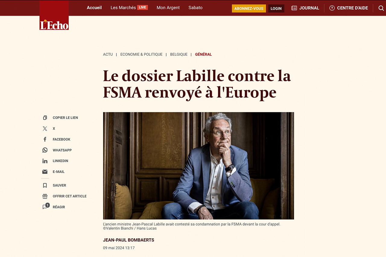 Le dossier Labille contre la FSMA renvoyé à l'Europe. Son avocat Julien Uyttendaele est satisfait.